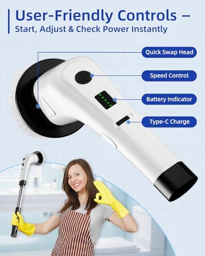 Electric Spin Scrubber, Cordless Power Scrubber for Bathroom Cleaning, 6 Replaceable Brush Heads, 360 RPM, Long Battery for Tub, Tile, Grout & Floor