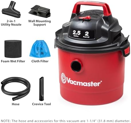 Vacmaster VOM205P 1101 2.5-Gal 2 Peak HP Wall Mount Wet/Dry Vacuum Red
