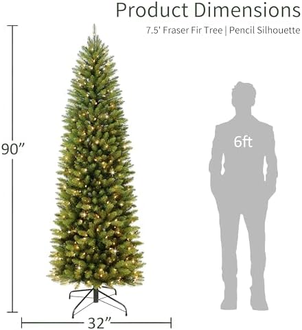 Puleo International 7.5ft Pre-Lit Fraser Fir Pencil Christmas Tree with 350 Clear Lights, 1188 Realistic Dense Branch Tips, Easy Setup Artificial Trees with Sturdy Metal Stand