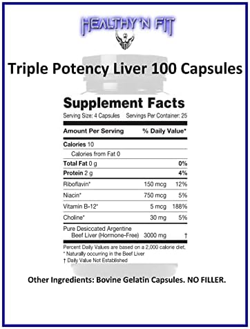 Healthy 'N Fit Triple Potency Liver (100 Capsules) - Pure Argentine Desiccated Beef Liver. Hormone Free, Pasture Raised, No Fillers.