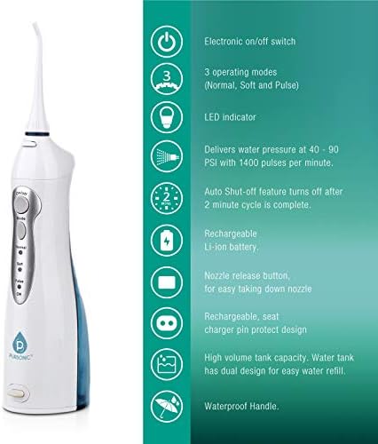 Pursonic USB Rechargeable Oral Irrigator Water Flosser, Helps Remove Plaque and Dilute Harmful Toxins.