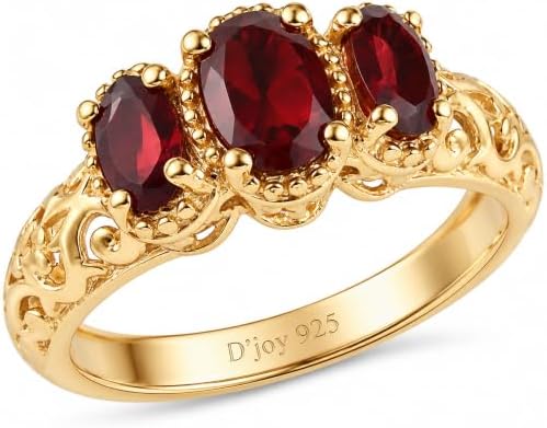 3 Stone Garnet Ring Silver with 14K Gold Plating January Birthstone Ring