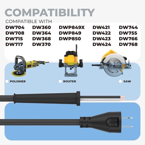 33007898 Power Cord, Compatible DW704 DW708 DW360 DW364 DWP849X DWP849 DW421, 10ft 16 Gauge 2 Wire Power Cord for Miter Saw, Circular Saw, Polisher