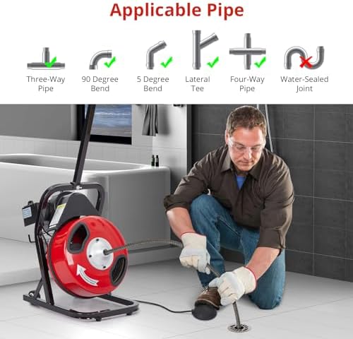 50FT x 1/2Inch Electric Drain Cleaning Machin, Auto Feed Portable Sewer Snake, Semi-Enclosed Drum