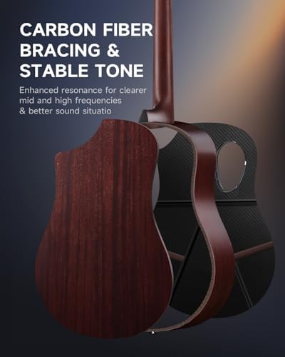 Donner Carbon Wood Acoustic Electric Guitar Bundle for Beginner Intermediate with Built-in Pickups, 38 Inch, RISING-G2 (Wine Red)