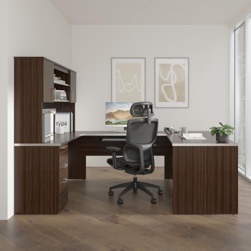 Bestar U Shaped Desk with Drawers, Hutch, and Keyboard Tray, Executive Workstation for Home or Professional Office, 65 Inches, Ridgeley Collection, White Chocolate