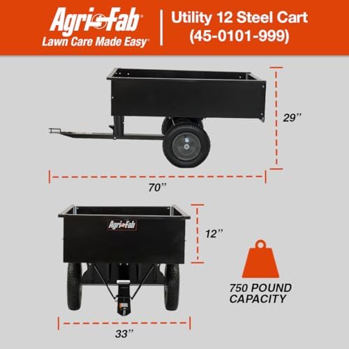 Agri-Fab Steel Utility Lawn and Garden Dump Cart for Riding Lawn Mowers, 750 lb Capacity with 12 Cu Ft Steel Bed and Pneumatic Tires