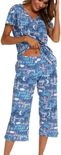 ENJOYNIGHT Womens Pajama Set Cotton Summer Pj Top with Capri Pant Sleepwear