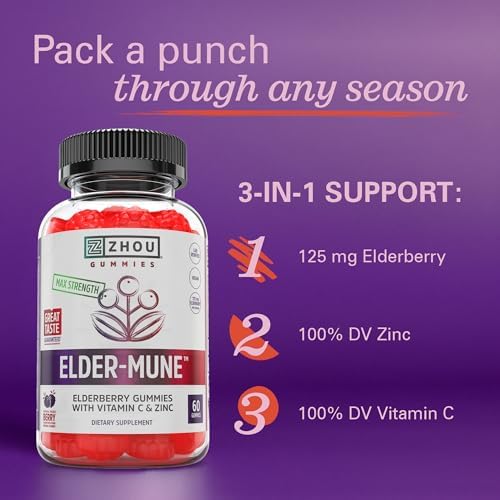 ZHOU Nutrition Elder-Mune Sambucus Elderberry Gummies with Zinc and Vitamin C for Kids & Adults (Age 4+) Immune Support with Antioxidants, Vegan, Gluten Free, Non-GMO, 30 Servings, 60 Gummies | Daily Immune Support Supplement for Women & Men, Chewable Na…