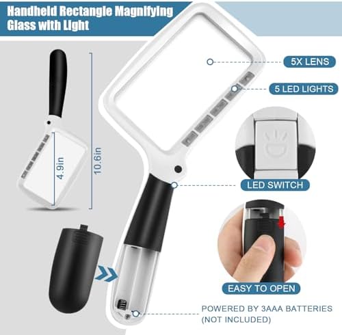 Folding Handheld Magnifying Glass with Light, 5X Large Rectangle Reading Magnifier with Dimmable LED for Seniors with Macular Degeneration, Newspaper
