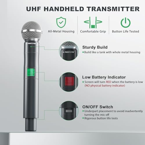 Phenyx Pro 4-Ch UHF Fixed Frequency Wireless Microphone System PTU-5000-4H | 4 Dynamic Handheld Mics, Metal Build, 260 ft Range, Singing