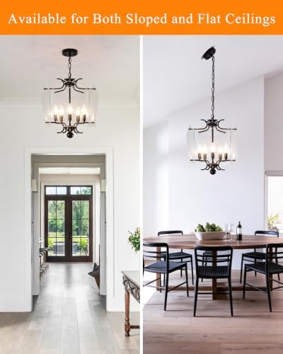Mid Century Glass Chandelier, Retro Black Chandelier Pendant Light | Height Adjustable, 5-Light E12