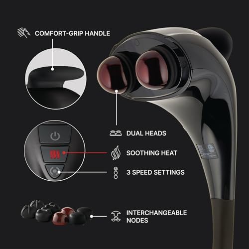 Homedics Handheld Back Massager with Heat, Deep Tissue Percussion Massager | Neck, Shoulders & Body Massage, 4 Custom Attachment Sets, Dual Node