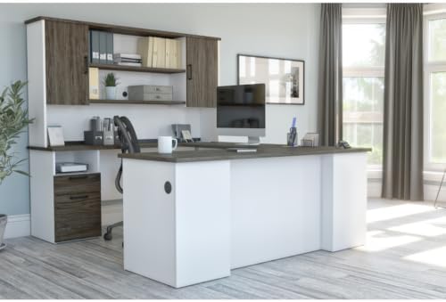 Bestar Norma 71W U or L-Shaped Executive Desk with Hutch in Walnut Grey & White