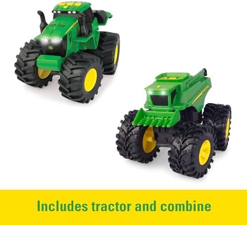 TOMY Monster Treads Monster Truck Toys - John Deere Tractor and Combine 2-Pack with Lights and Sounds - John Deere Toys with Durable Bouncy Tires