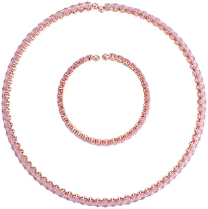 2 Piece Set Pink Cubic Zirconia Chocker Necklace 17"Bracelet 7.5In