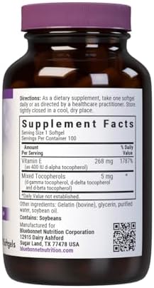 Bluebonnet Nutrition Vitamin E 400 IU (268 mg) Mixed Tocopherols Softgels, Free Radical Portection & Cardiovascular Support, Gluten-Free, Dairy-Free