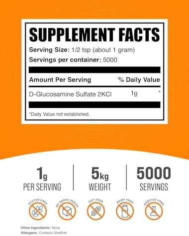 BulkSupplements.com Glucosamine Sulfate Powder - Glucosamine Supplement, Joint Support Supplement - Gluten Free, 1g per Serving, 1kg (2.2 lbs) (Pack of 1)
