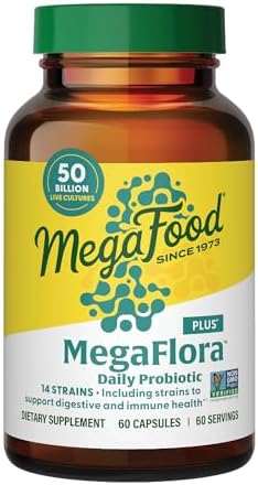 MegaFood MegaFlora Probiotic Plus, 50 Billion Live Cultures, 60 Capsules | Daily Probiotics for Women and Men, Supports Digestive Health, Immune Support Supplement, 14 Strains, Vegetarian, 60 Servings