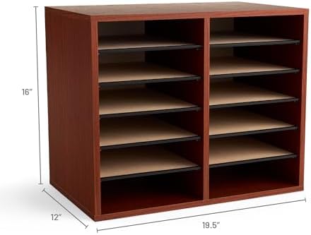 Safco Literature Organizer, 12 Compartments, Office and Classroom Mailbox with Adjustable Shelves, Wood Paper and Mail Sorter, Cherry