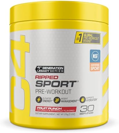 C4 Ripped Sport Pre Workout Powder, 135mg Caffeine, 30 Servings | Fruit punch flavor with 135mg caffeine, CLA, DygloFit & L-carnitine for energy