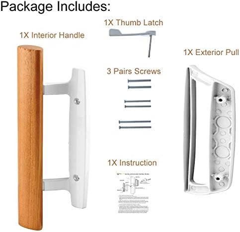 Mortise Style Reversible Sliding Patio Door Handle Set with Oak Wood Interior Handle and Exterior Pull in White Diecast Finish Fits 3-15/16” Screw