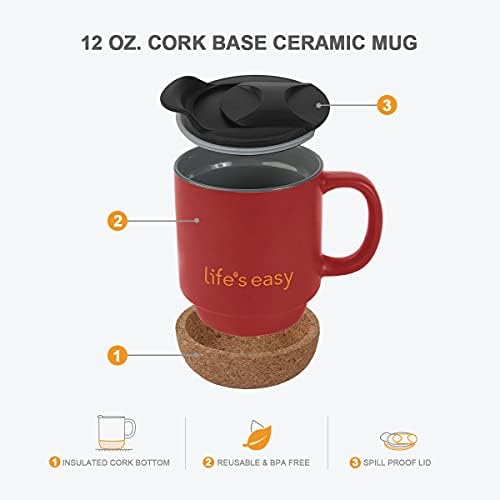 Life's Easy 12 oz Coffee Mug with Insulated Cork Bottom and Push-On Splash-Proof Lid - Black