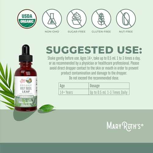 MARYRUTH'S Organic Holy Basil Leaf Liquid Drops, Vegan, Non-GMO, 1oz