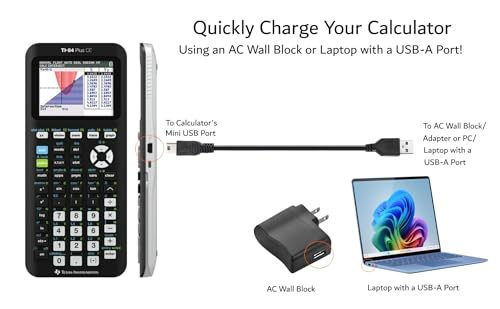 TI84 TI-84 Plus CE Charger Cable for Texas Instruments Graphing Calculators | T1-84 ti 84 Plus CE Python Nspire cx ii Data Power / Charging Cord