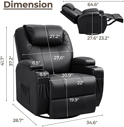 Furniwell Rocker Recliner Chair with Massage for Elderly, Leather Adjustable 360°Swivel Rocking Sofa for Living Room with Remote Control