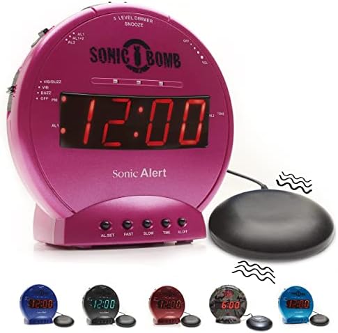 Sonic Bomb Dual Extra Loud Alarm Clock with Bed Shaker, Black | Sonic Alert Vibrating Alarm Clock Heavy Sleepers, Battery Backup | Wake with a Shake