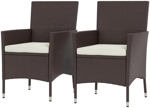 Outsunny Rattan Wicker Dining Chairs, Outdoor, 2 PCS, Dark Coffee | With Cushions, Anti-Slip Foot, Patio Stackable Chairs Set, Backyard, Garden, Lawn