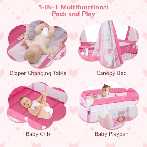 HONEY JOY 4-in-1 Pack and Play with Canopy, Portable Baby Playard w/Changing Table and Infant Bassinet Cute Toys & Music