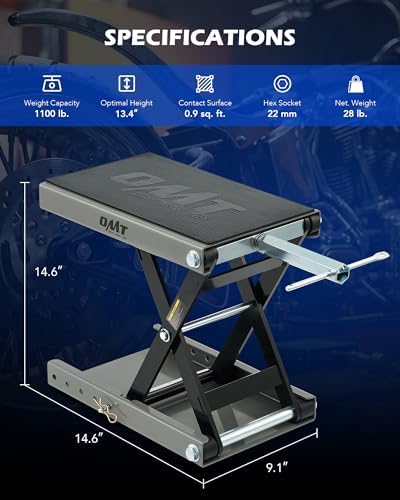 OMT 1100lb Motorcycle Scissor Lift Jack Wide Deck Motorbike Hoist Stand | Center Stand For ATV Dirt Bike Cruiser; T Handle And 3/8 Inch Socket; 3.7 To 14.6 Inch Lift; 5 Locking Holes; Chain Brush