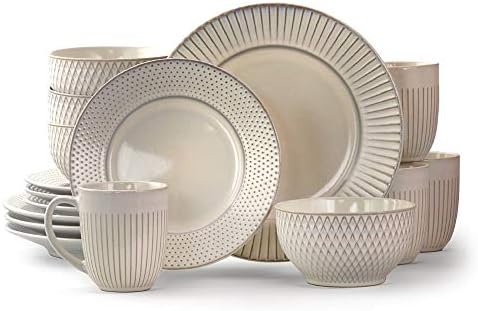 Elama Market Finds 16 Piece Round Stoneware Dinnerware Set in Embossed White