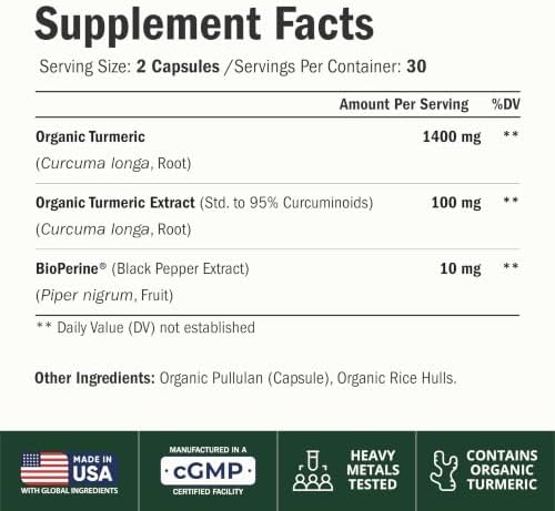 Turmeric Curcumin Supplement – 1200mg Organic Turmeric Curcumin with Black Pepper Extract for Max Absorption – Digestive & Joint Supplements for Men & Women w. Tumeric Extract & Bioperine – 60 Caps