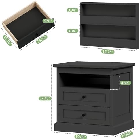 Nightstand with Hidden Storage Space,Night Stand,End Table with Side Drawer | Black Bedside Table with Open Shelf, 2 Drawers Dresser for Bedroom, Living Room, Closet