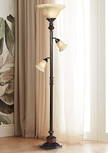 Kathy Ireland Sonnett 72" Tall 3-Light Torchiere Floor Lamp Living Room | Industrial Vintage Tree Standing Bronze Brown Champagne Alabaster Glass