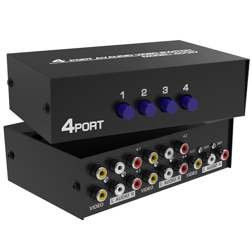 Fosmon 4-Way RCA Splitter AV Switcher 4 in 1 Out Audio Video Selector Box | 4 in 1 out female 4-way RCA composite AV switcher selector switch box with cable for HDTV STB DVD retro game consoles.