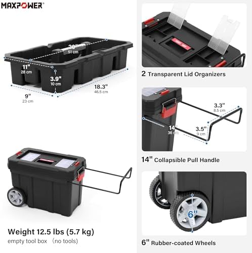 MAXPOWER Small Tool Box, 14-inch Plastic Tool Boxes with Handle | Removable Tray with Dual Lock Secured, Red Toolbox for Home