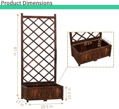 Anraja Raised Garden Bed with Trellis Wooden Flower Standing Planter Box Outdoor Wood Lattice Panels Privacy Screen for Climbing Plant Planting