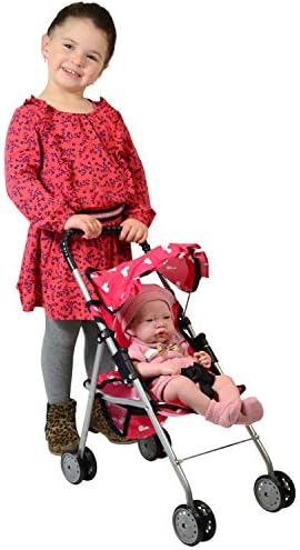 The New York Doll Collection My First Doll Stroller with Basket & Heart Design Foldable Doll Stroller, Pink