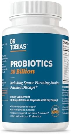 Dr. Tobias Probiotics 30 Billion CFU 30 Capsules | Gut Health Support | Daily Digestive Support | 10 Probiotic Strains | Targeted Release Probiotics for Women & Men | Shelf Stable | 30 Servings
