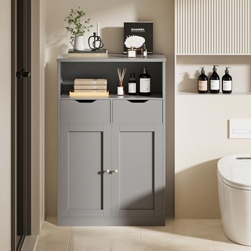 Vongrasig Bathroom Storage Cabinet, 42.5" H Freestanding Floor Cabinet | Wooden Modern Cabinet with 2 Drawers, Open Shelf and Adjustable Shelf for Bathroom, Laundry Room and Entryway, White