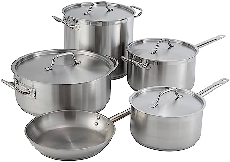 Winco 15 qt Stainless Steel Brazier Pan with Lid | Flat bottom, Wide base, Riveted handles, Induction safe, Great for Braising, Simmering, Batch Cooking and Restaurant Kitchens