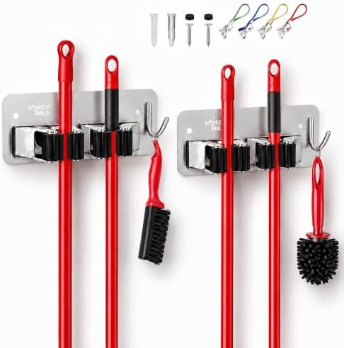 Wall Mount Hanger for Brooms & Mops - Adhesive Stainless Steel Mops & Broom Holder, 4 Clamps, 3 Hooks