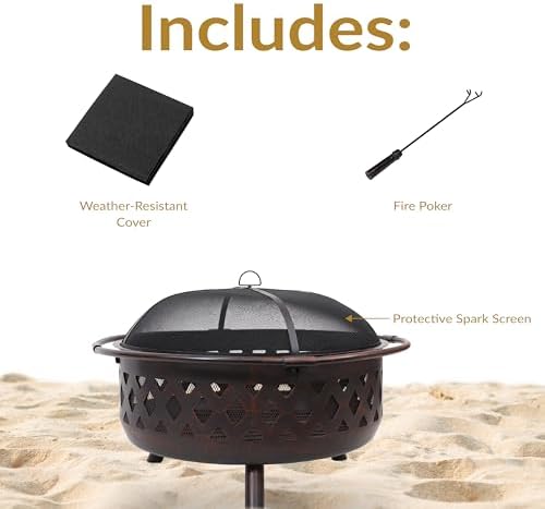 Sunnydaze Crossweave Large Outdoor Fire Pit, Wood Burning, Round, 36" | Black, Heavy Duty Steel Metal, Patio Fire Pit with Spark Screen, Poker, & Cover, Wood Firepit for Outside, Backyard, or Deck