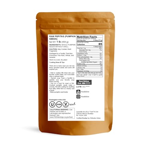 Food to Live - Raw Pepitas, 8 Ounces, Pumpkin Seed Kernels, Unsalted, No Shell, Vegan, Kosher, Keto, Bulk. Wholesome Snack. High in Protein, Essential Fatty Acids.