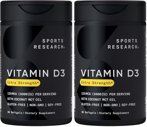 Sports Research® Vitamin D3 5000iu/125mcg with Coconut Oil, 360 Softgels | Extra Strength Vitamin D Supplement | Immune, Bone, Mood Support | Non-GMO, Soy Free - 360 Servings