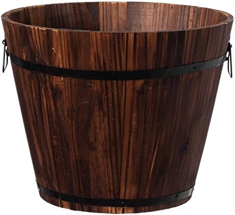 Rustic Wooden Whiskey Barrel Planter with Durable Medal Handles and Drainage Hole - Perfect for Indoor and Outdoor Plants, Herbs, and Vegetables - Medium